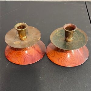 Elegant Brass and Wood Candle Holders